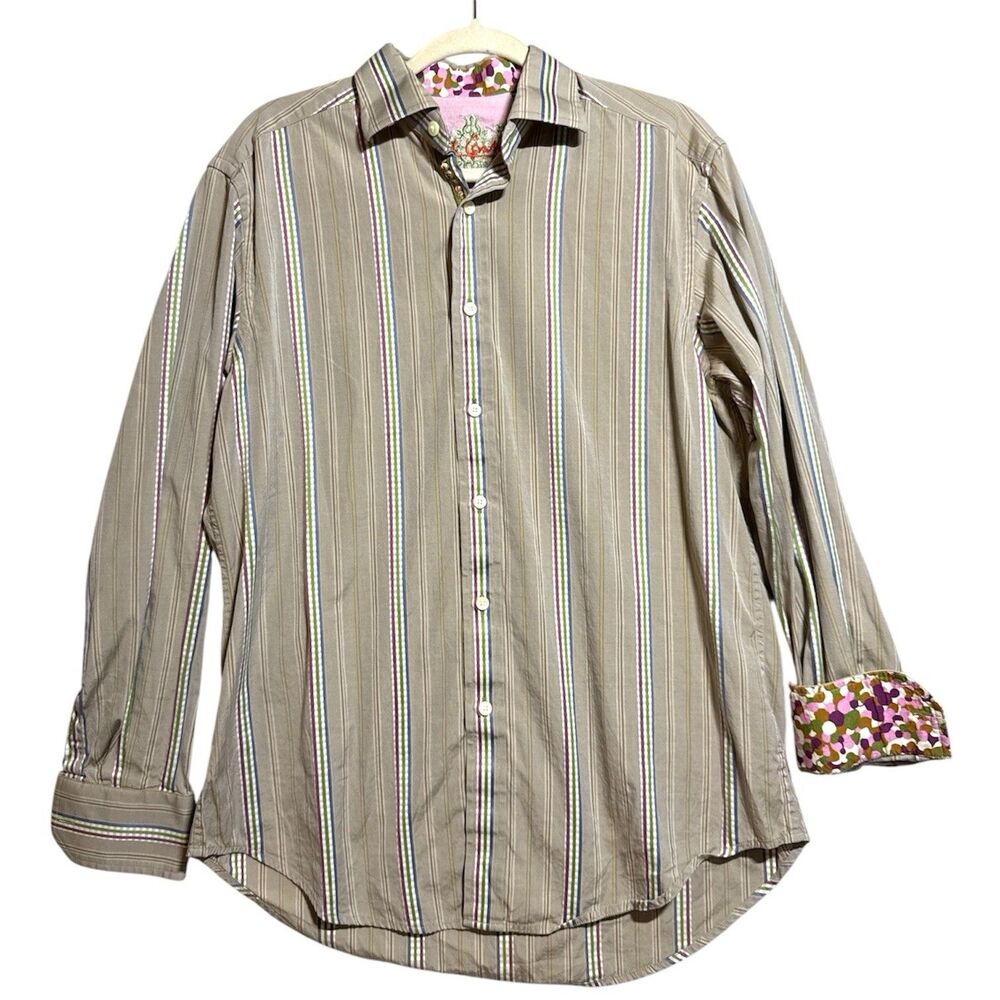 Robert Graham Beige Multicolor Stripe Flip Cuff Men's Button Down Size M